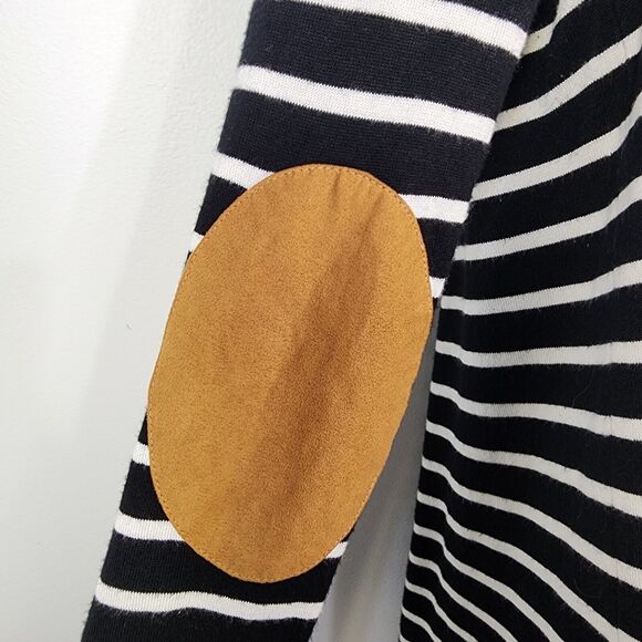 Market & Spruce Cardigan Womens Large Jeana Striped Elbow Patch Black White Knit - Picture 7 of 11